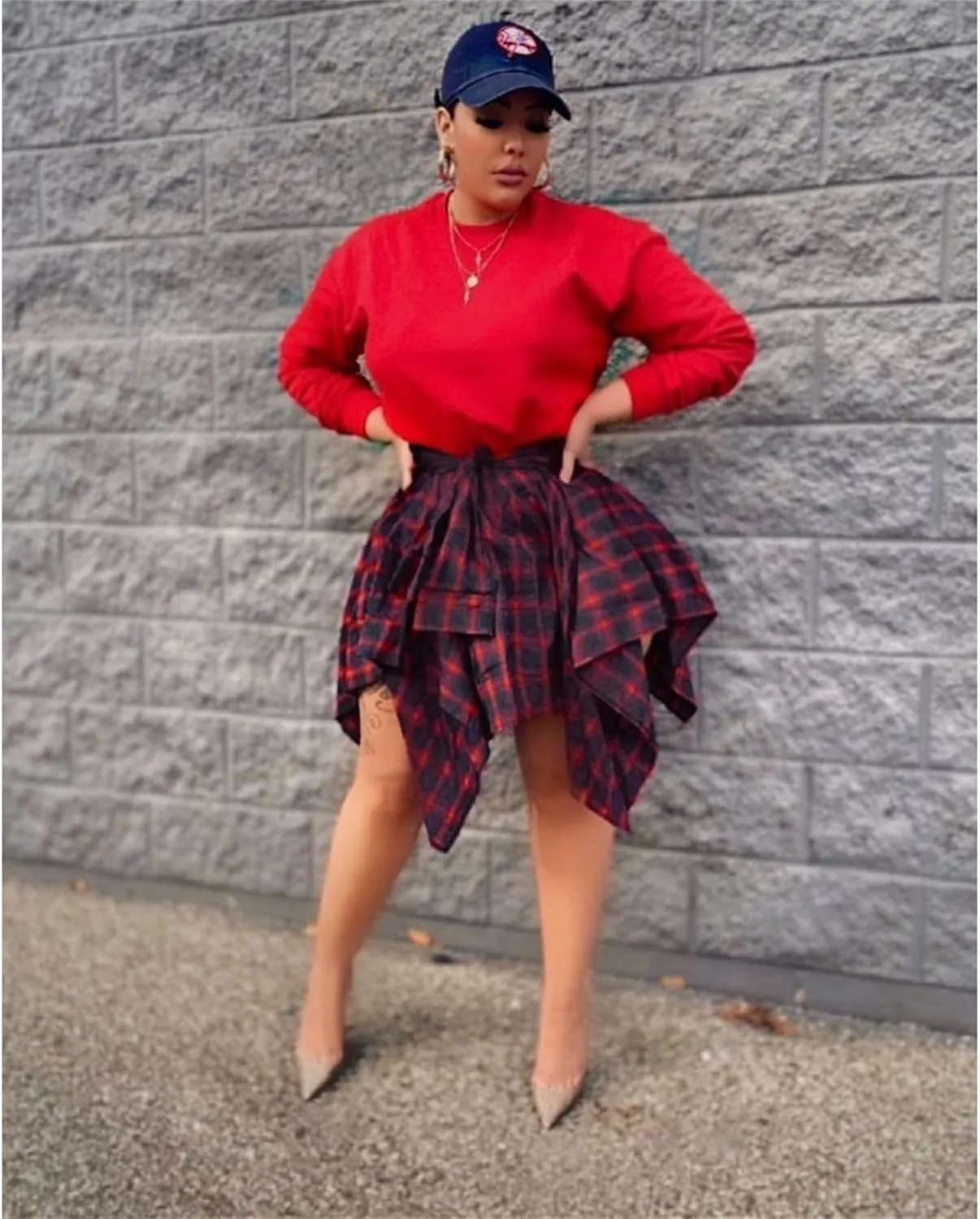 Women's Plaid Skirts High Waisted Knot Front Asymmetrical Hem Mini Skater Skirt