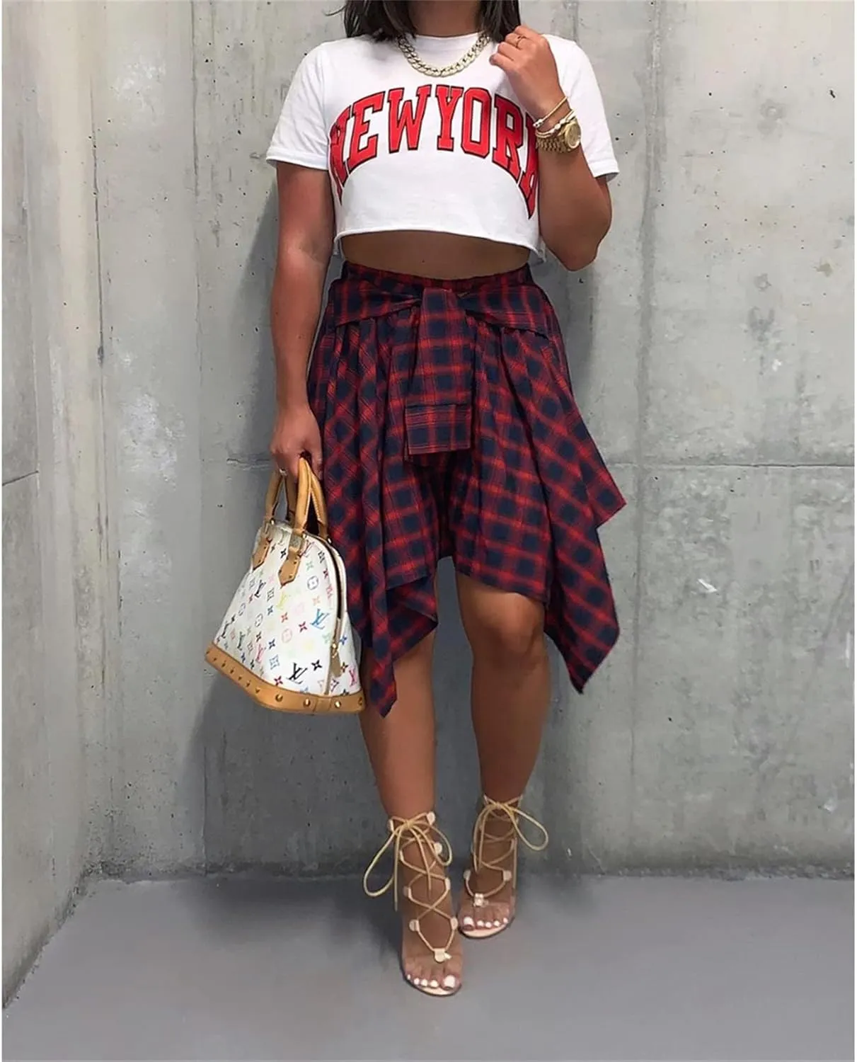 Women's Plaid Skirts High Waisted Knot Front Asymmetrical Hem Mini Skater Skirt
