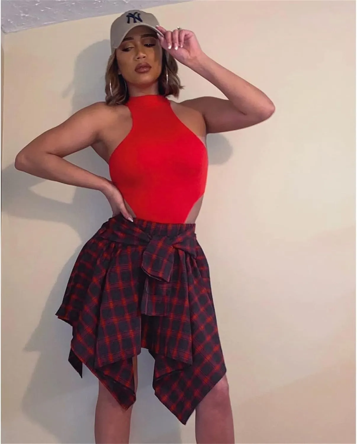 Women's Plaid Skirts High Waisted Knot Front Asymmetrical Hem Mini Skater Skirt