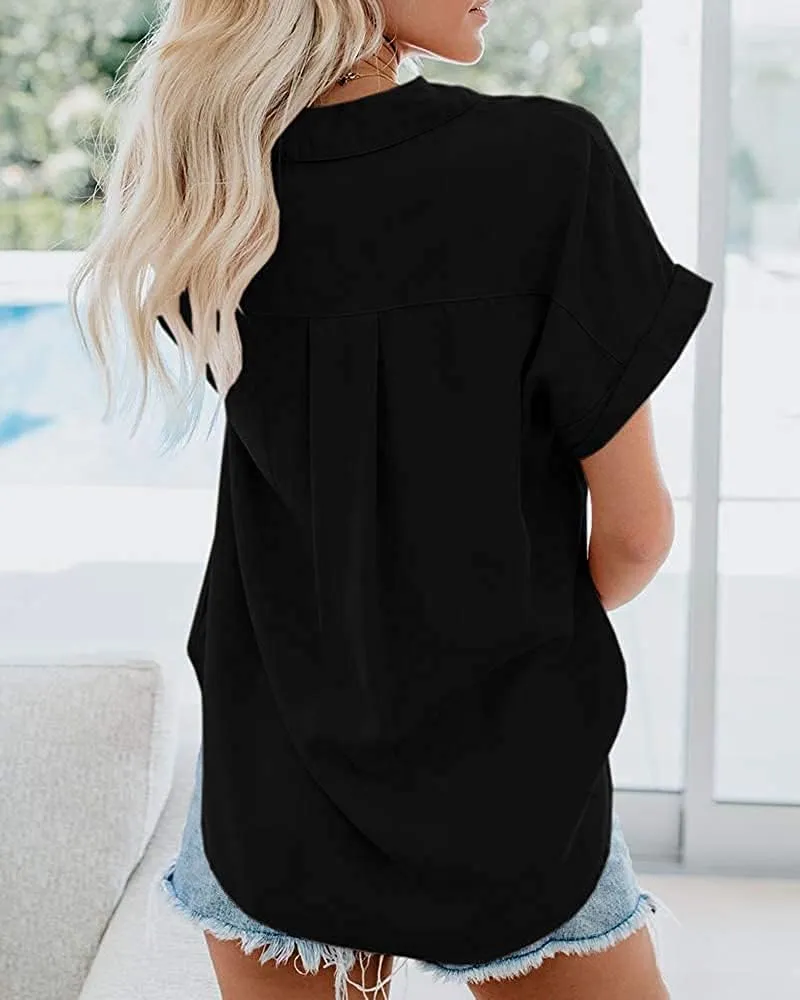 Womens Short Sleeve Casual Button Down Shirts Summer Soft Fashion Cotton Blouses Tops with Pocket