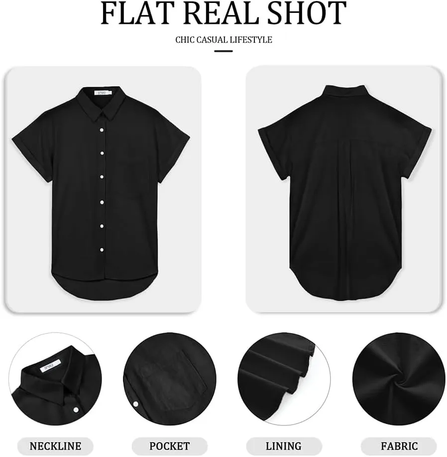 Womens Short Sleeve Casual Button Down Shirts Summer Soft Fashion Cotton Blouses Tops with Pocket