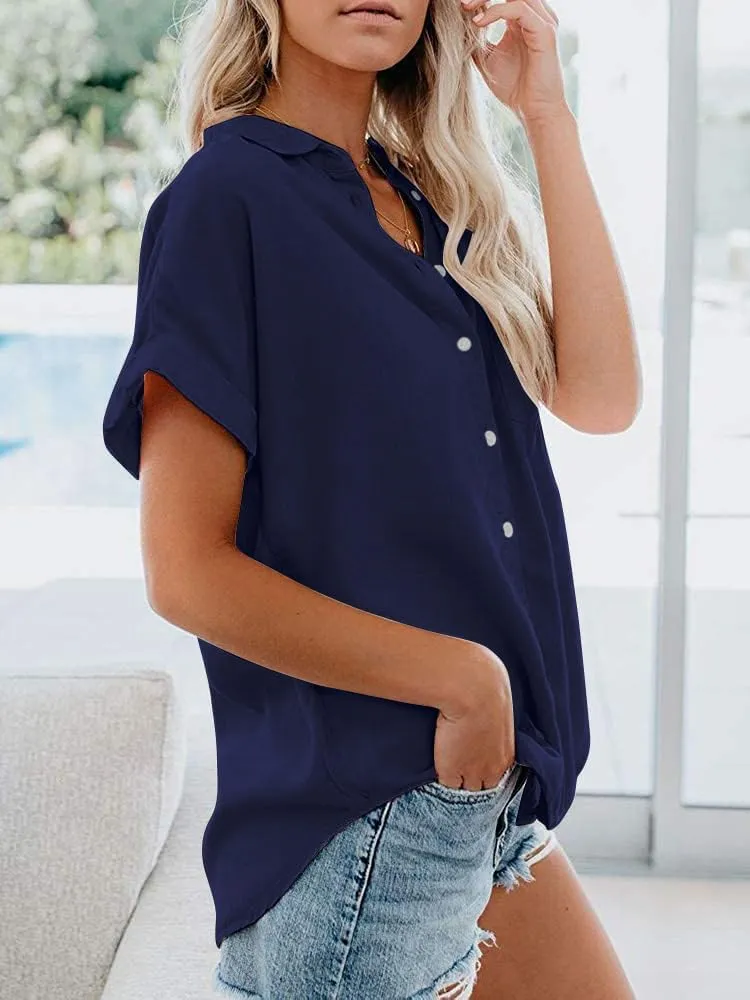 Womens Short Sleeve Casual Button Down Shirts Summer Soft Fashion Cotton Blouses Tops with Pocket