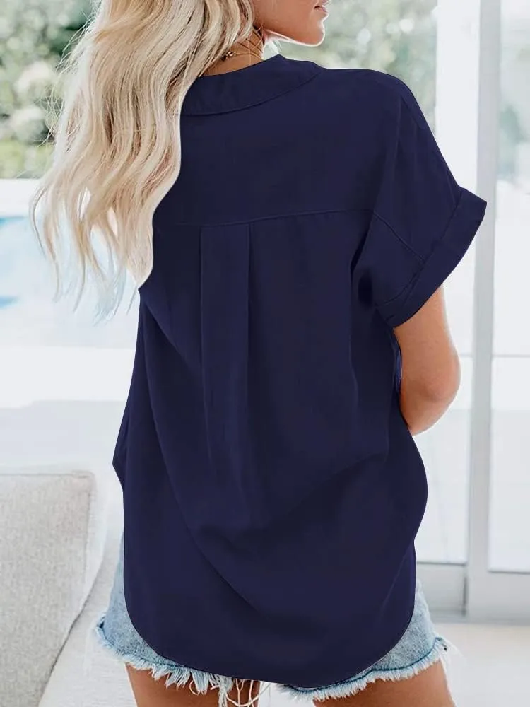 Womens Short Sleeve Casual Button Down Shirts Summer Soft Fashion Cotton Blouses Tops with Pocket