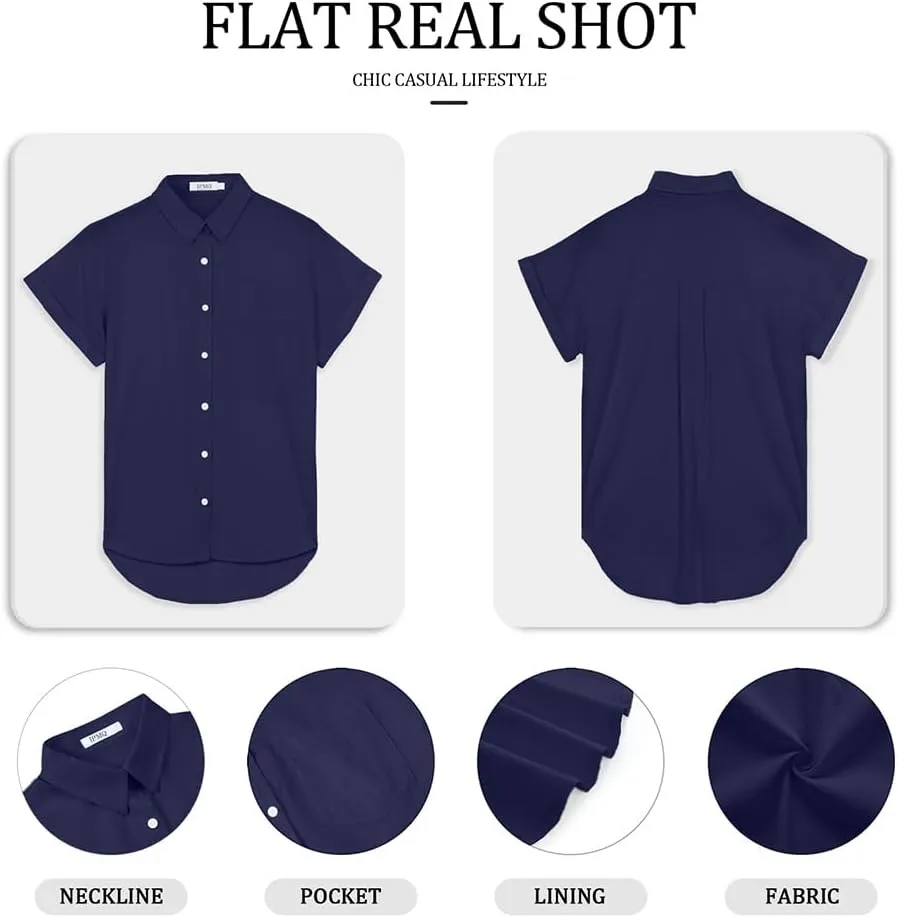 Womens Short Sleeve Casual Button Down Shirts Summer Soft Fashion Cotton Blouses Tops with Pocket