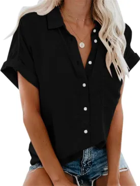 Womens Short Sleeve Casual Button Down Shirts Summer Soft Fashion Cotton Blouses Tops with Pocket