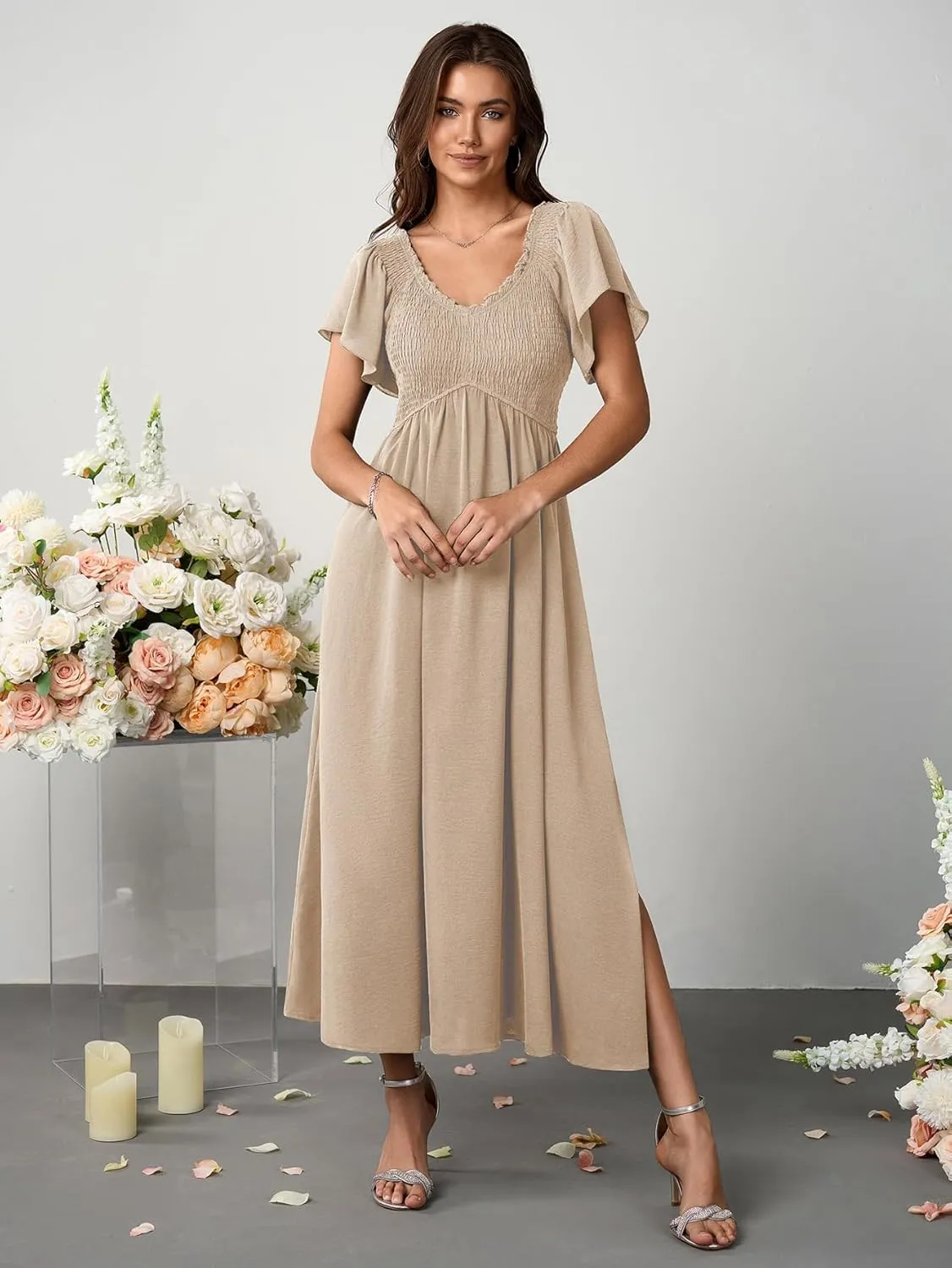 Women's Summer Flutter Sleeve Smocked Midi Dress V Neck Casual Beach Dresses