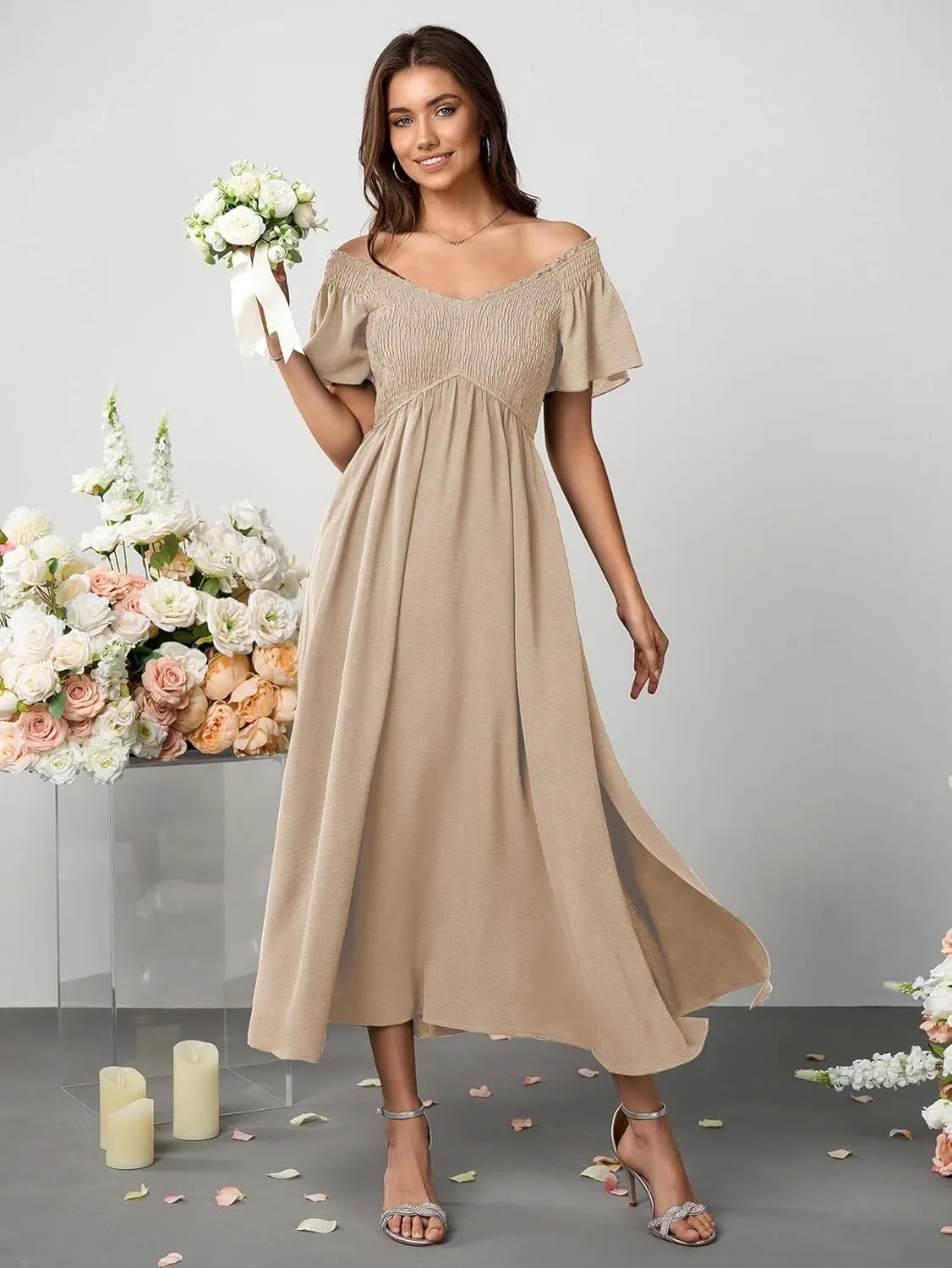 Women's Summer Flutter Sleeve Smocked Midi Dress V Neck Casual Beach Dresses