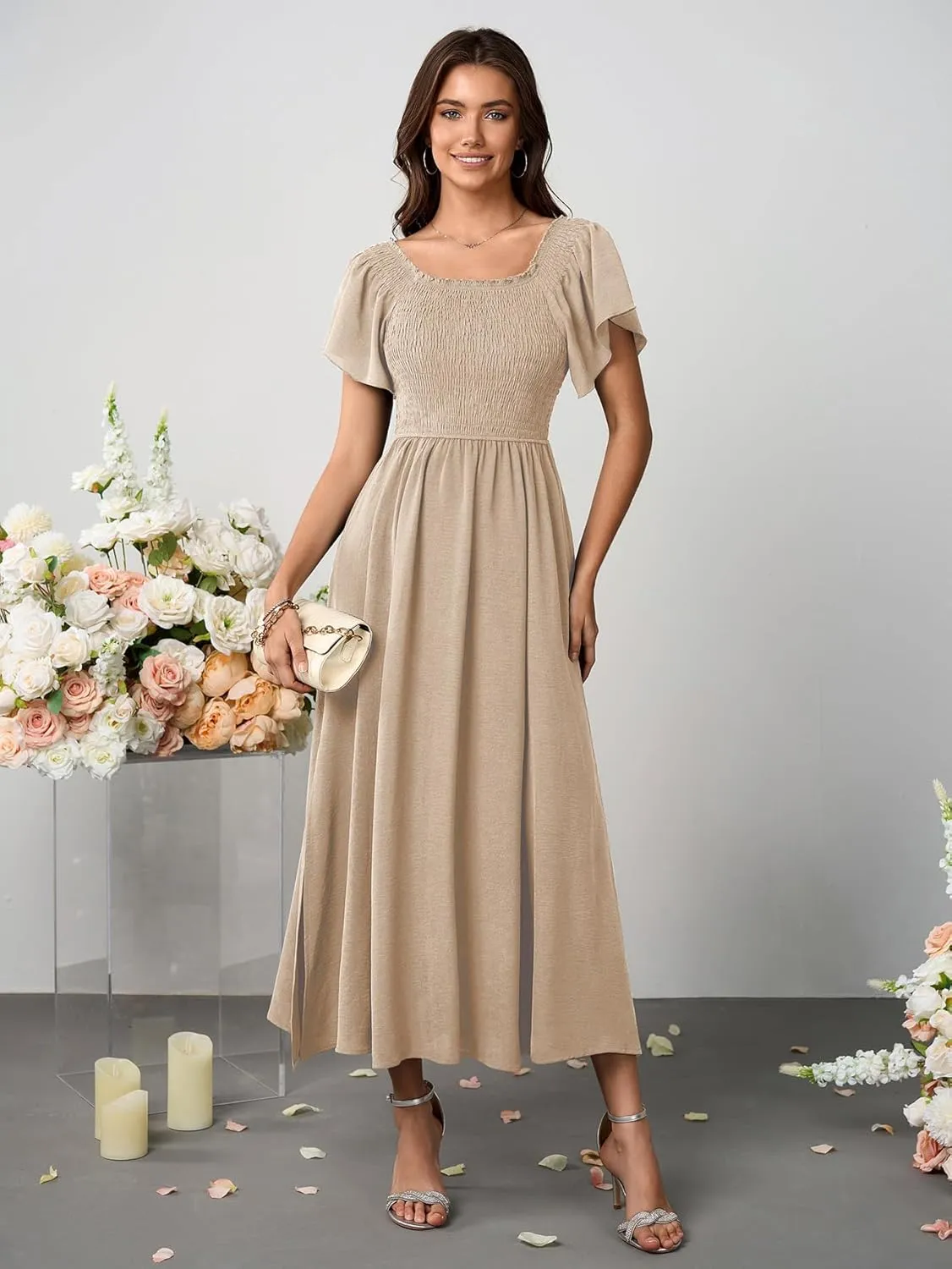Women's Summer Flutter Sleeve Smocked Midi Dress V Neck Casual Beach Dresses
