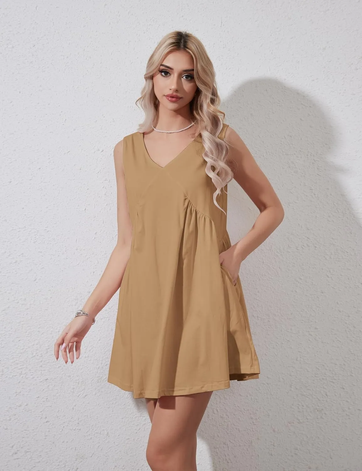 Womens Summer Sleeveless Mini Dress Casual Loose V Neck Sundress Swing Flowy Beach Dress with Pocket Pleated Dresses