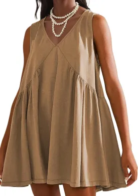Womens Summer Sleeveless Mini Dress Casual Loose V Neck Sundress Swing Flowy Beach Dress with Pocket Pleated Dresses