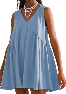Womens Summer Sleeveless Mini Dress Casual Loose V Neck Sundress Swing Flowy Beach Dress with Pocket Pleated Dresses