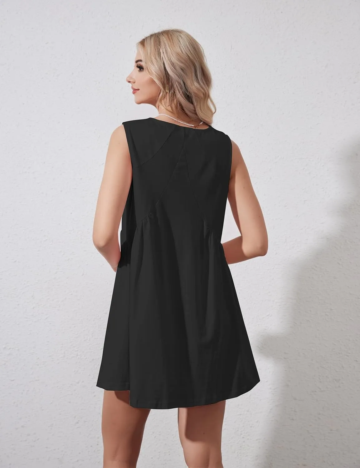 Womens Summer Sleeveless Mini Dress Casual Loose V Neck Sundress Swing Flowy Beach Dress with Pocket Pleated Dresses