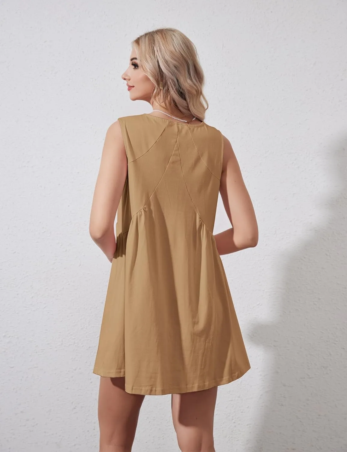 Womens Summer Sleeveless Mini Dress Casual Loose V Neck Sundress Swing Flowy Beach Dress with Pocket Pleated Dresses