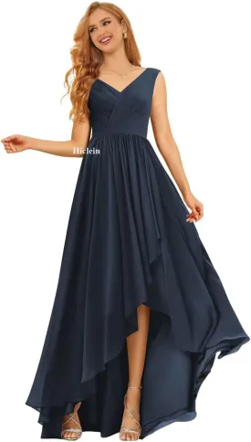 Women's V Neck Bridesmaid Dresses for Wedding High Low Chiffon Ruffle Formal Evening Dress with Slit