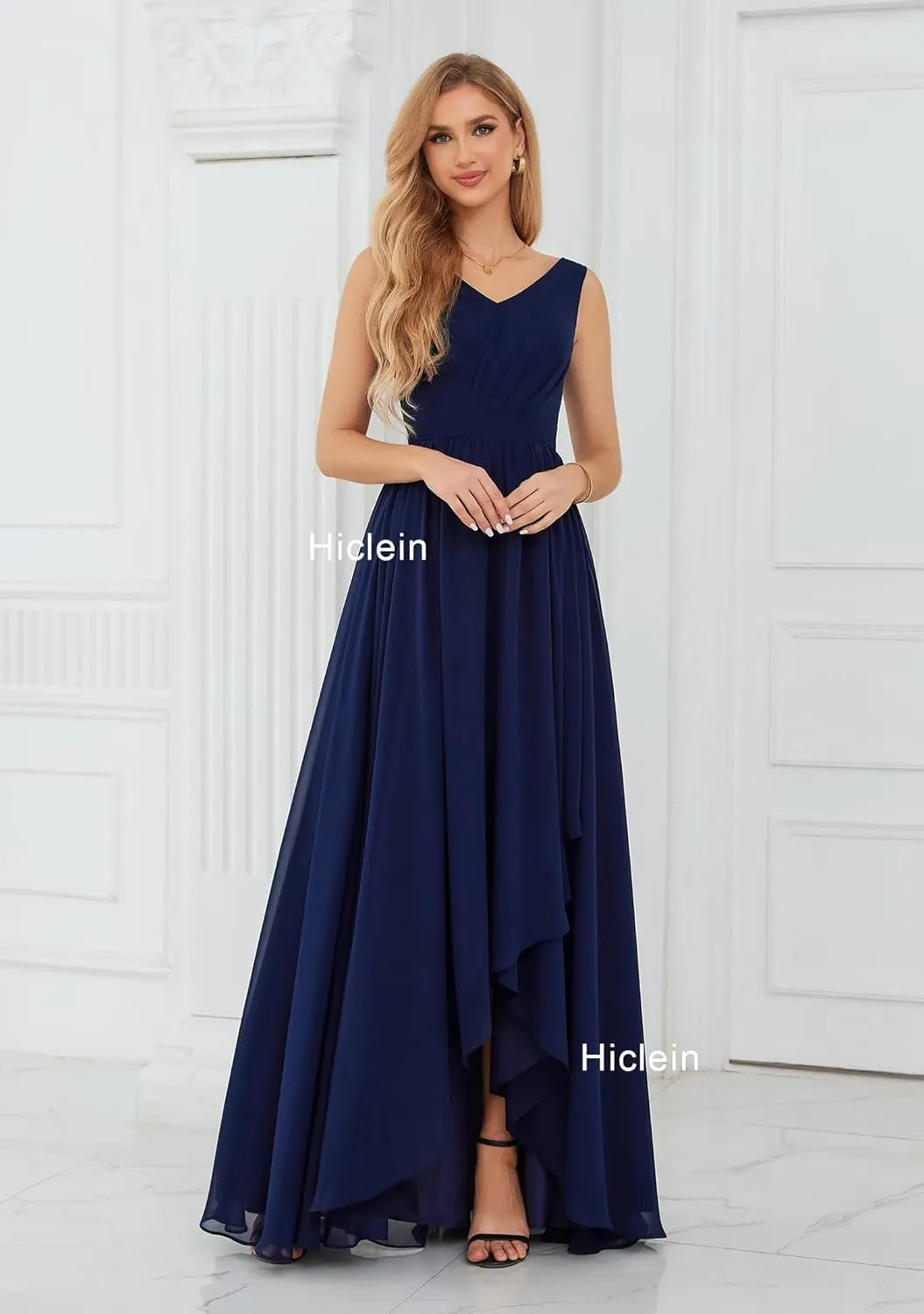 Women's V Neck Bridesmaid Dresses for Wedding High Low Chiffon Ruffle Formal Evening Dress with Slit