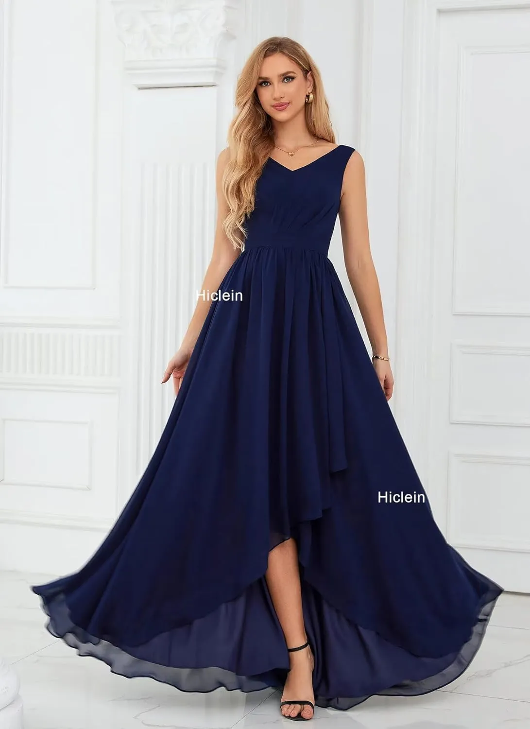 Women's V Neck Bridesmaid Dresses for Wedding High Low Chiffon Ruffle Formal Evening Dress with Slit
