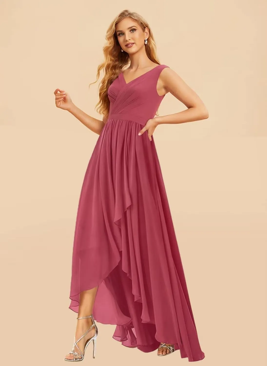 Women's V Neck Bridesmaid Dresses for Wedding High Low Chiffon Ruffle Formal Evening Dress with Slit