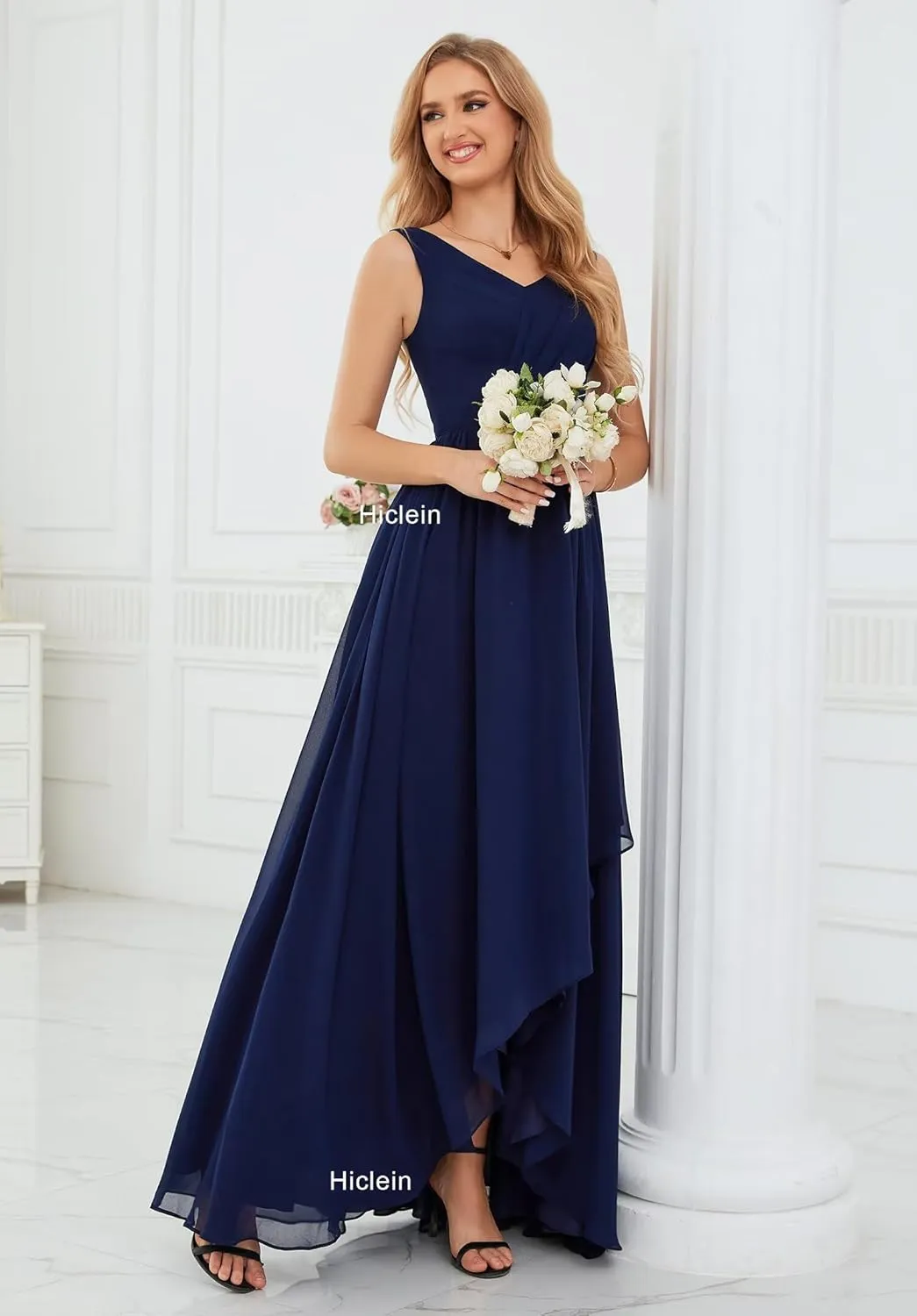 Women's V Neck Bridesmaid Dresses for Wedding High Low Chiffon Ruffle Formal Evening Dress with Slit
