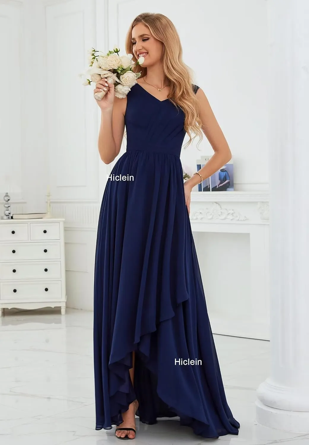 Women's V Neck Bridesmaid Dresses for Wedding High Low Chiffon Ruffle Formal Evening Dress with Slit
