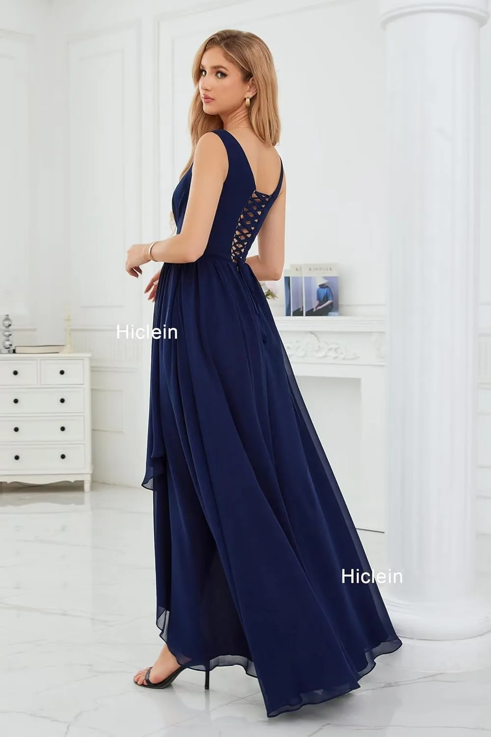Women's V Neck Bridesmaid Dresses for Wedding High Low Chiffon Ruffle Formal Evening Dress with Slit