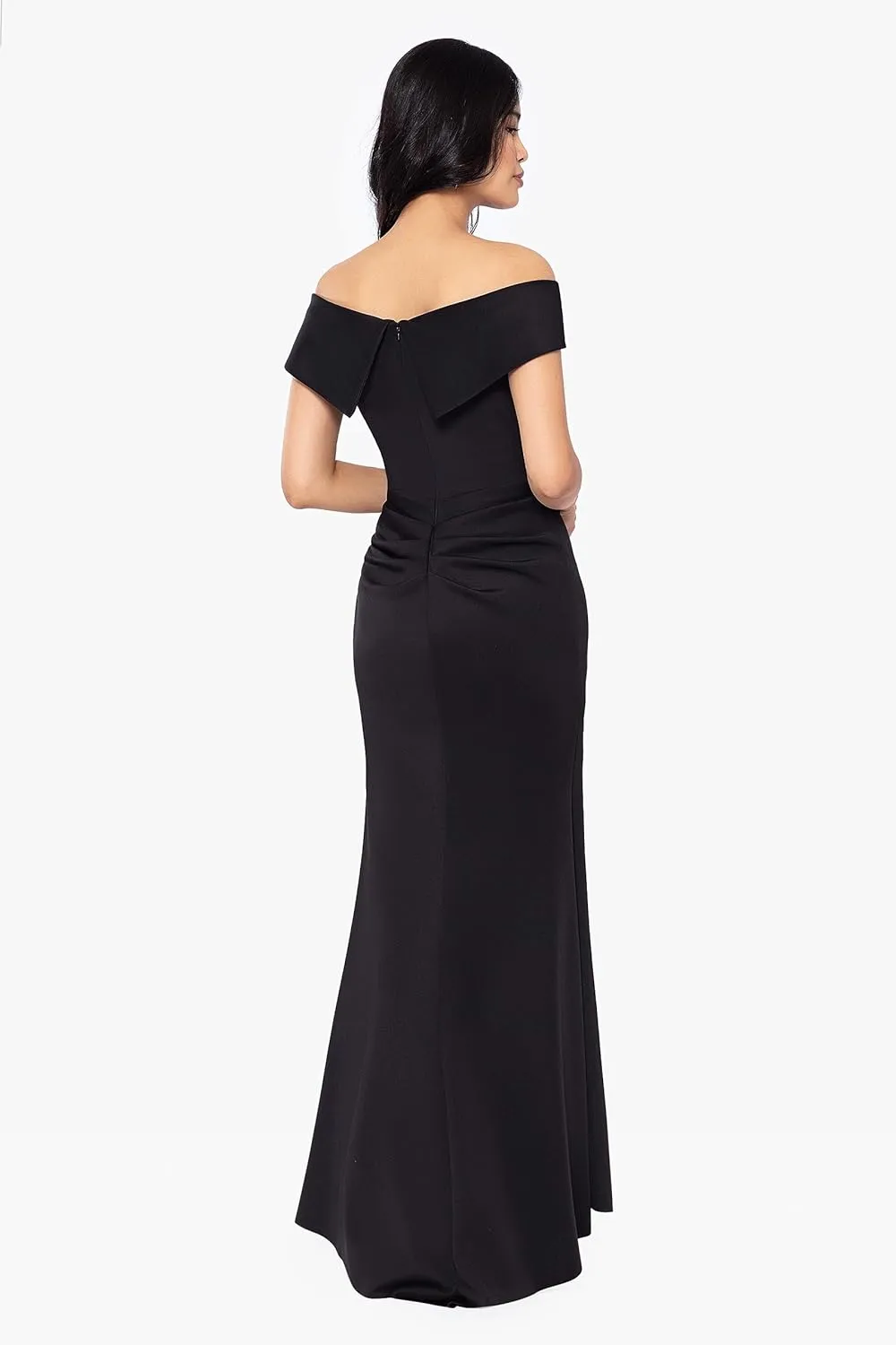 Xscape Women's Long Off Shoulder Sweetheart Neck Side Ruffle Gown (Reg and Petite)