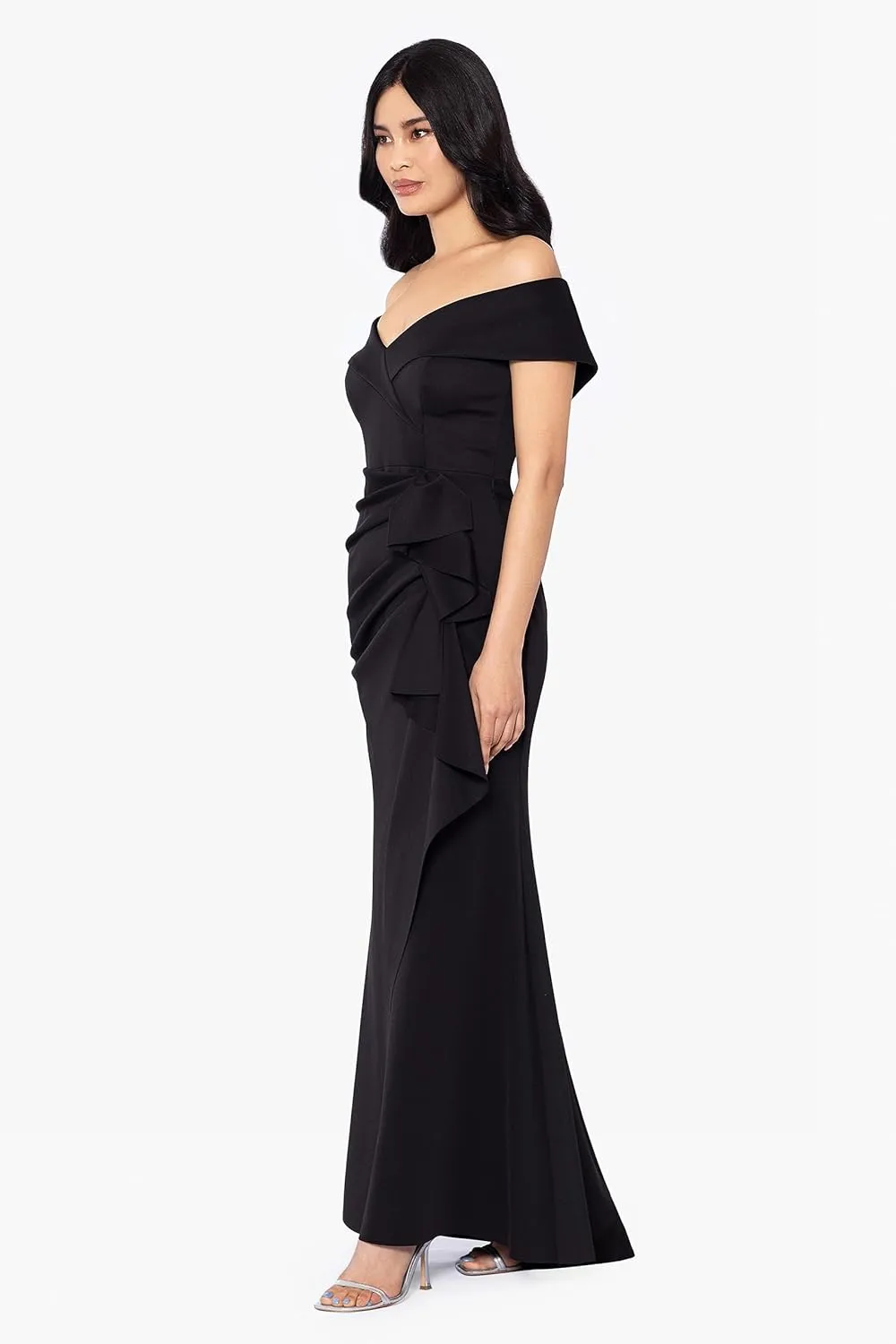 Xscape Women's Long Off Shoulder Sweetheart Neck Side Ruffle Gown (Reg and Petite)