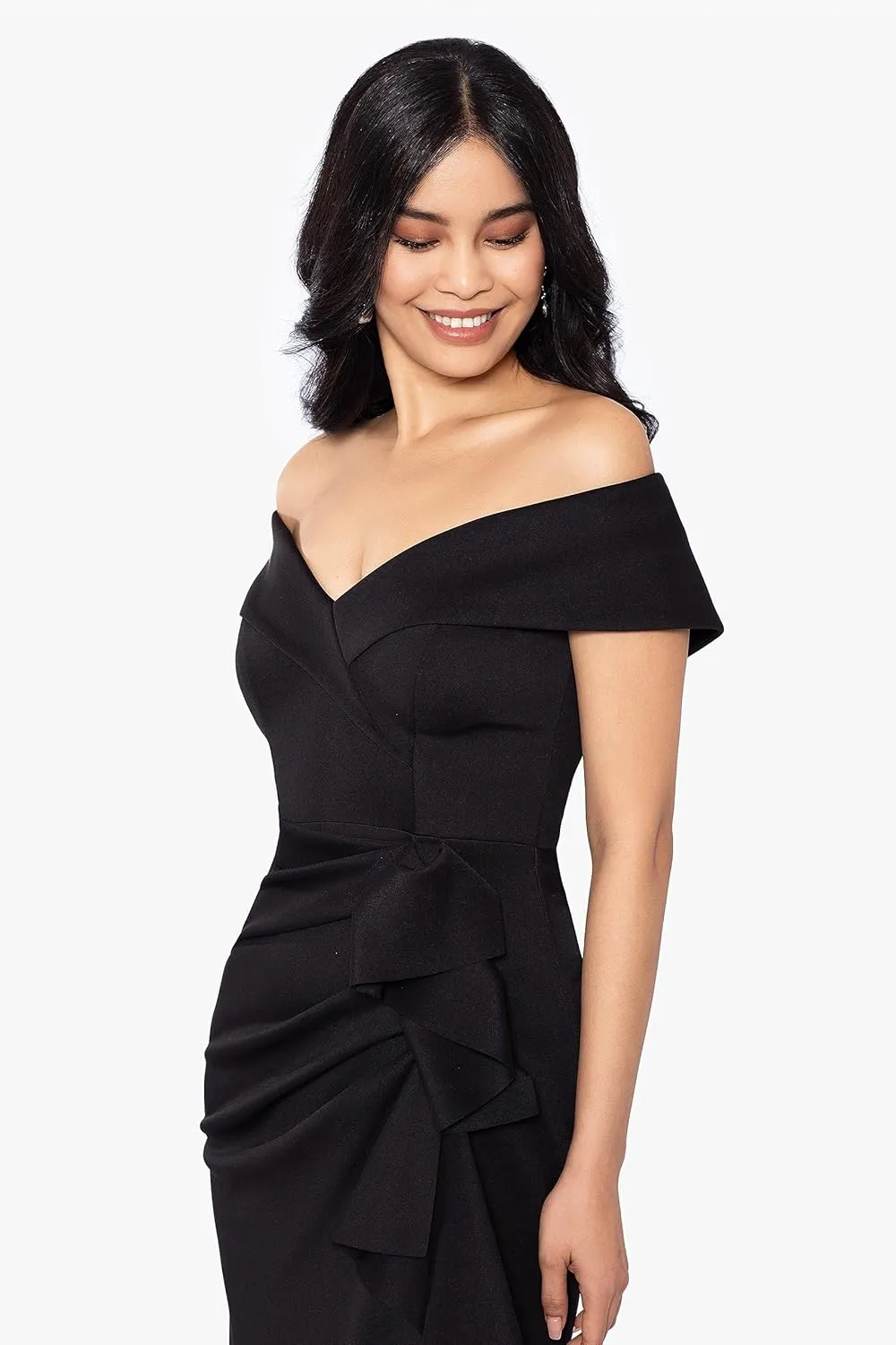 Xscape Women's Long Off Shoulder Sweetheart Neck Side Ruffle Gown (Reg and Petite)