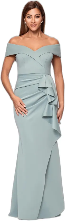 Xscape Women's Long Off Shoulder Sweetheart Neck Side Ruffle Gown