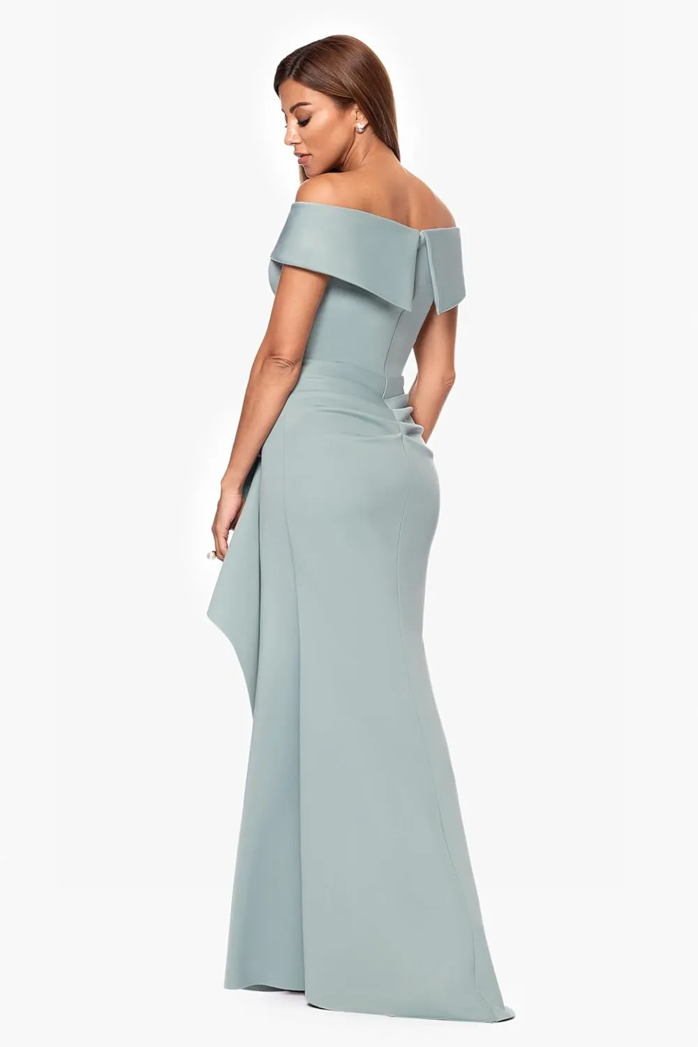 Xscape Women's Long Off Shoulder Sweetheart Neck Side Ruffle Gown
