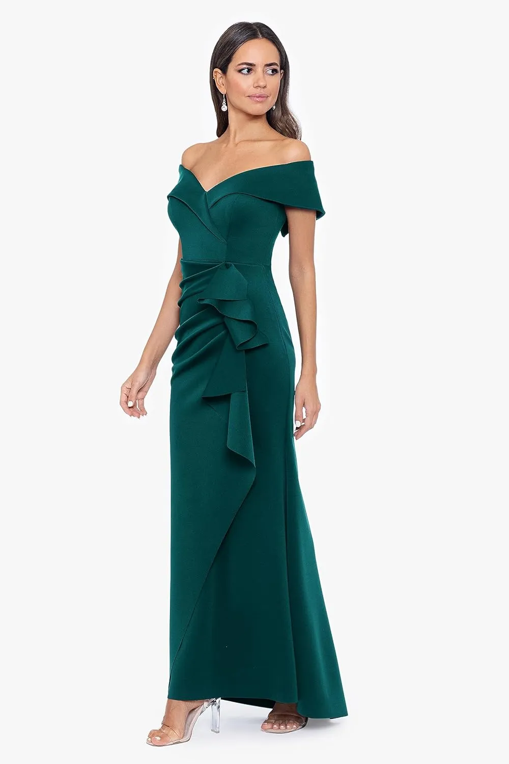 Xscape Women's Long Off Shoulder Sweetheart Neck Side Ruffle Gown