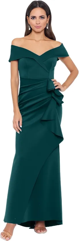 Xscape Women's Long Off Shoulder Sweetheart Neck Side Ruffle Gown