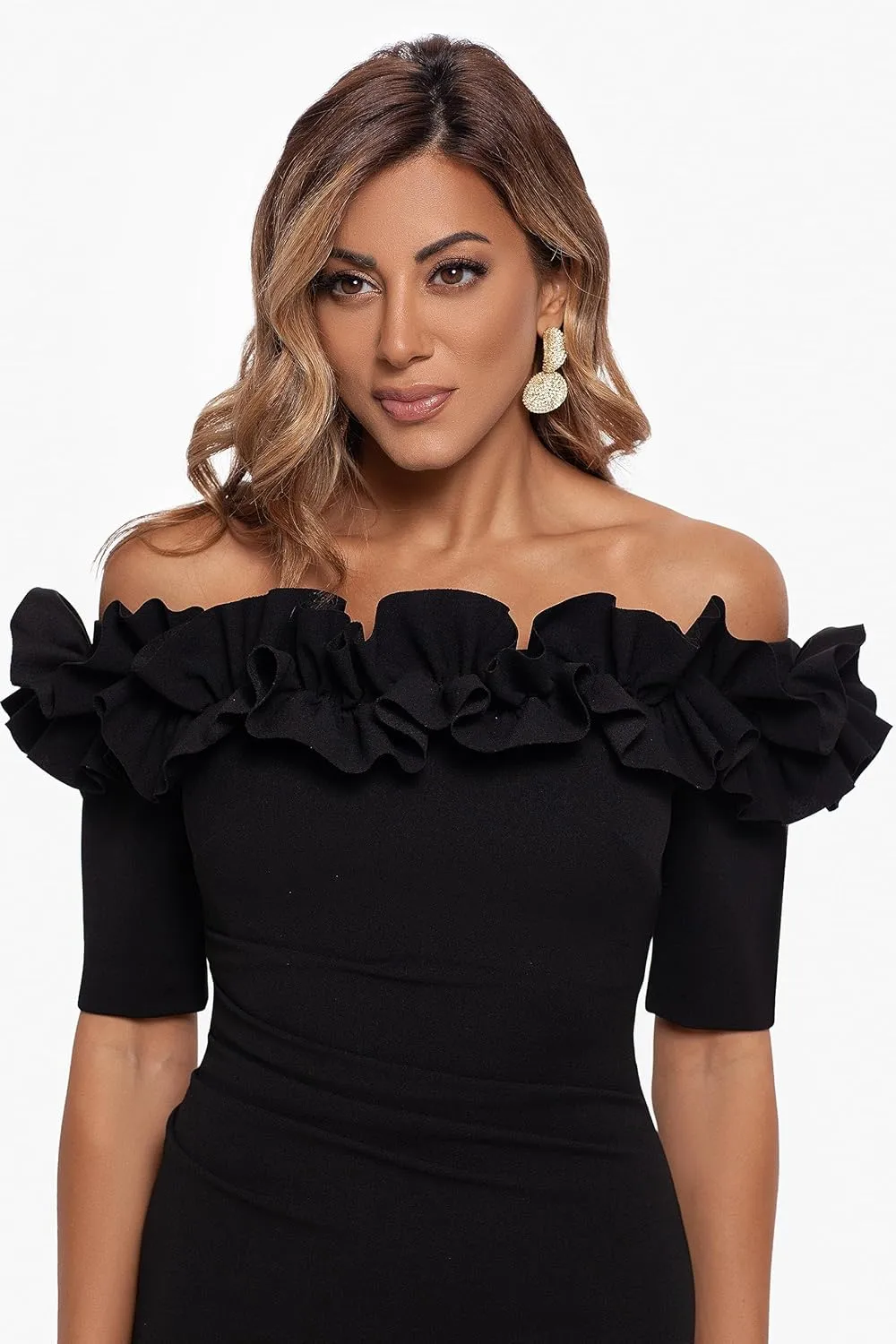 Xscape Women's Long Off The Shoulder Scuba Crepe Dress (Reg and Petite)