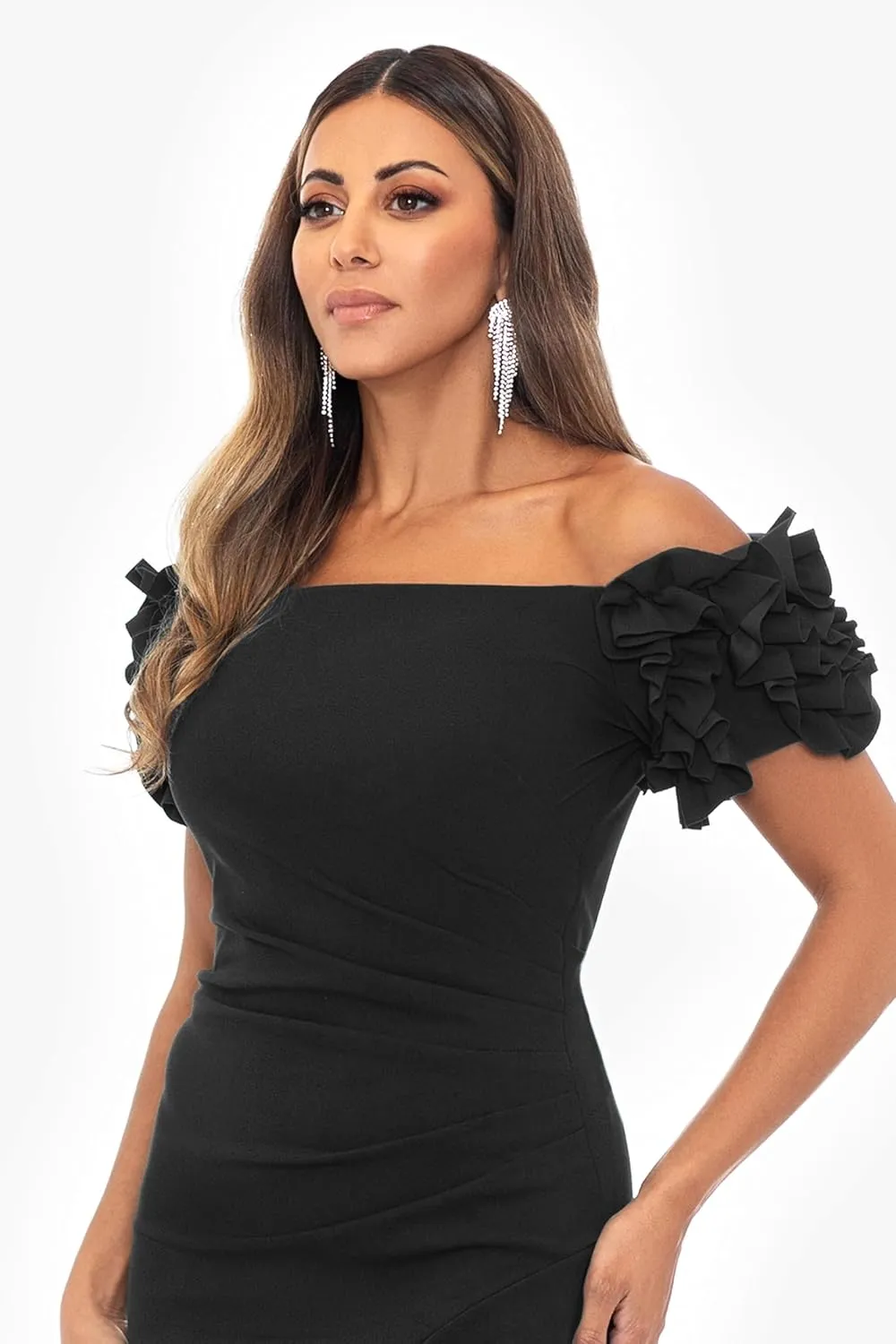 Xscape Women's Off The Shoulder Ruffle Sleeve Midi Dress (Standard & Petite)