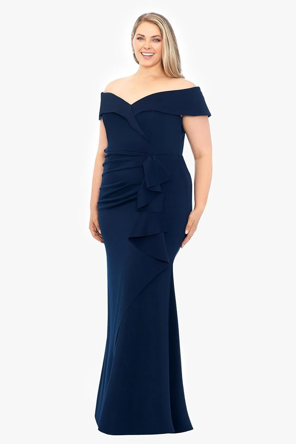 Xscape Women's Plus Size Off Shoulder Sweetheart Neck Ruffle Long Dress