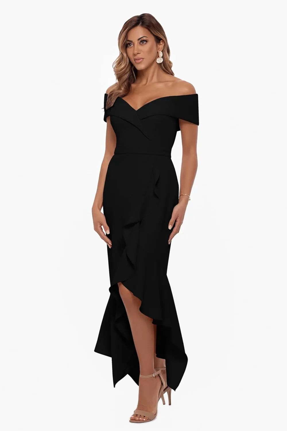 Xscape Women's Sweetheart Neckline Off-Shoulder Crepe Midi Dress with Hanky Hem