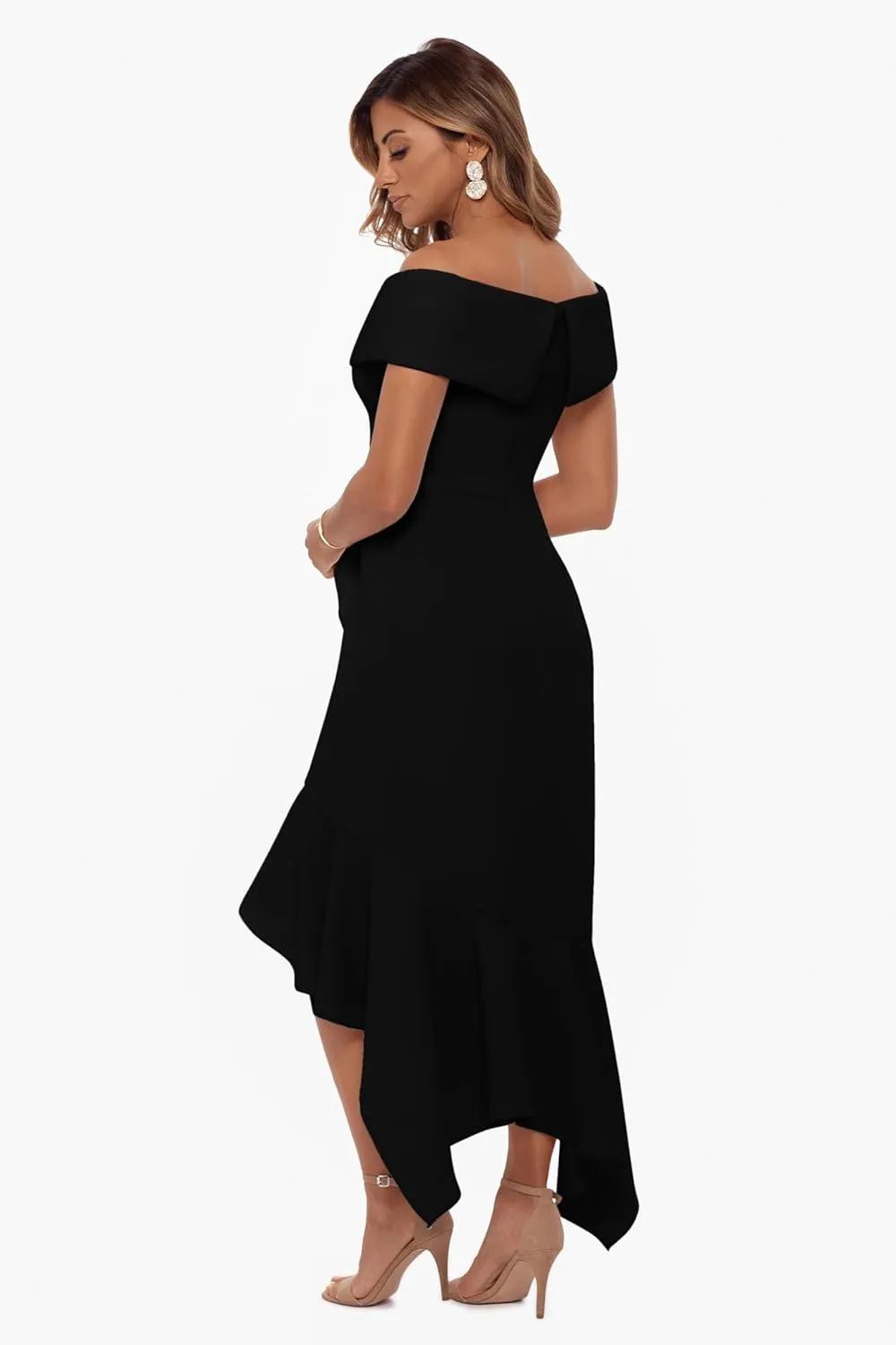 Xscape Women's Sweetheart Neckline Off-Shoulder Crepe Midi Dress with Hanky Hem