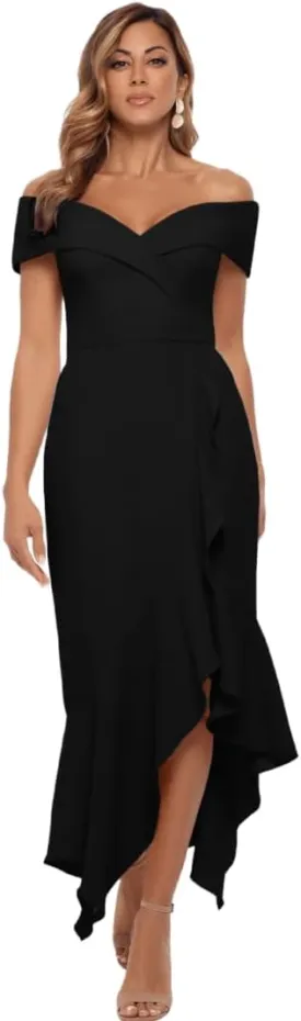 Xscape Women's Sweetheart Neckline Off-Shoulder Crepe Midi Dress with Hanky Hem