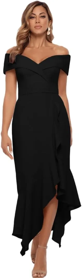 Xscape Women's Sweetheart Neckline Off-Shoulder Crepe Midi Dress with Hanky Hem