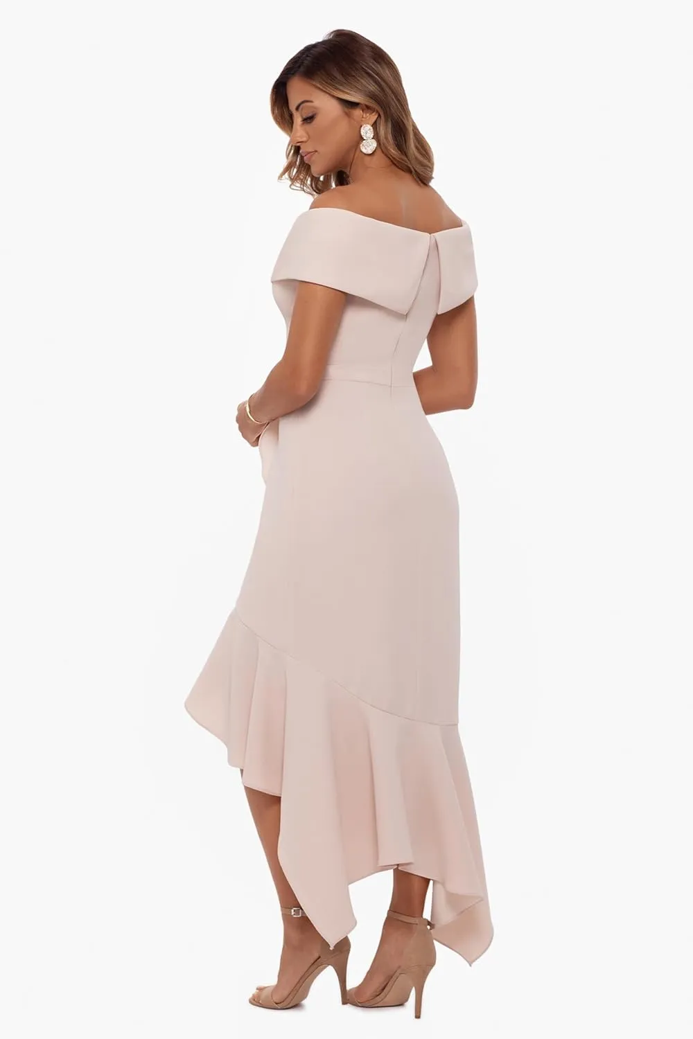 Xscape Women's Sweetheart Neckline Off-Shoulder Crepe Midi Dress with Hanky Hem