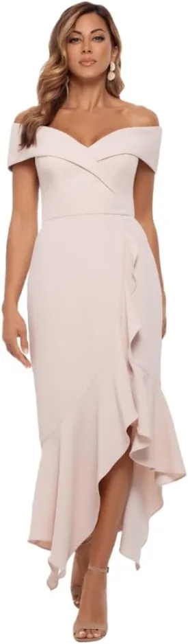 Xscape Women's Sweetheart Neckline Off-Shoulder Crepe Midi Dress with Hanky Hem