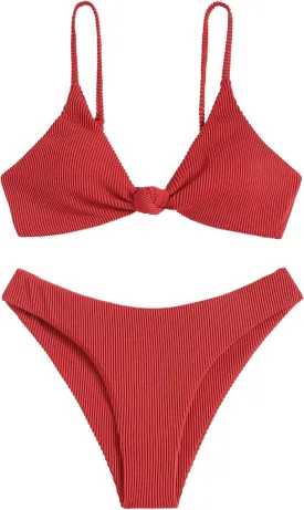 ZAFUL Women's Tie Knot Front Spaghetti Strap High Cut Bikini Set Swimsuit