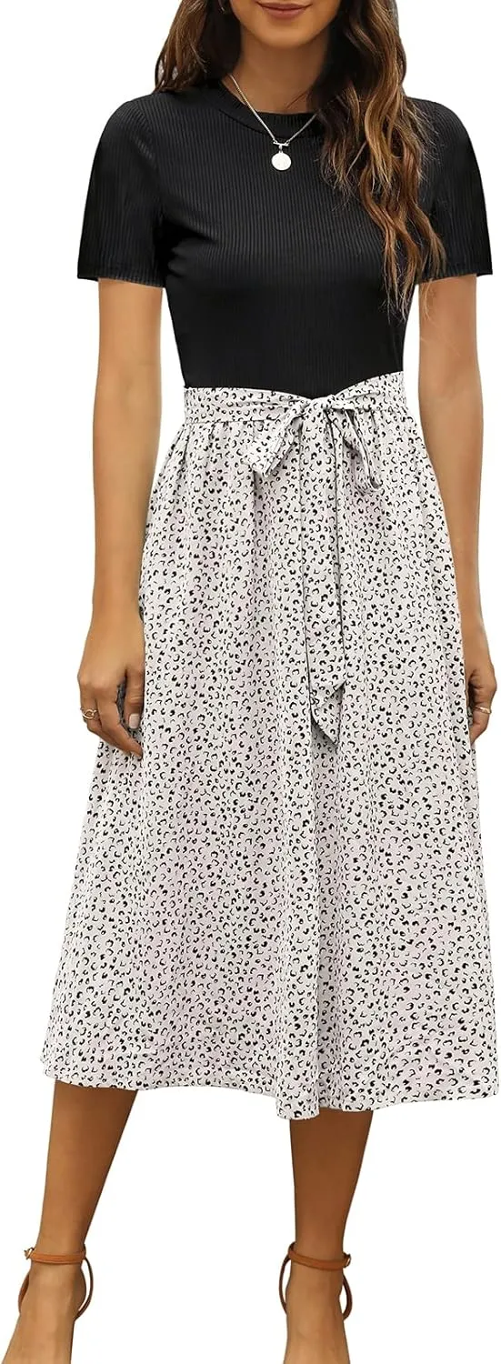 Zattcas Women 2025 Summer Dress Short Sleeve Ribbed Teacher Church Modest Business Casual Work Outfits Midi Dress