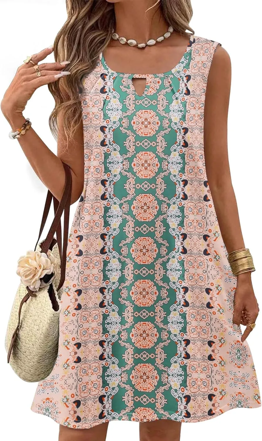 Zeagoo Womens Casual Summer Dresses 2025 Boho Sleeveless Sundresses with Pockets Pleated Beach Floral T Shirt Dresses
