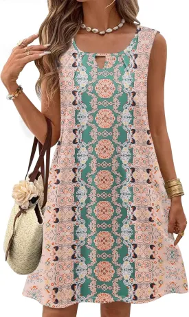 Zeagoo Womens Casual Summer Dresses 2025 Boho Sleeveless Sundresses with Pockets Pleated Beach Floral T Shirt Dresses