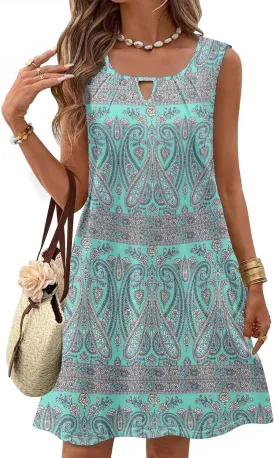 Zeagoo Womens Casual Summer Dresses 2025 Boho Sleeveless Sundresses with Pockets Pleated Beach Floral T Shirt Dresses