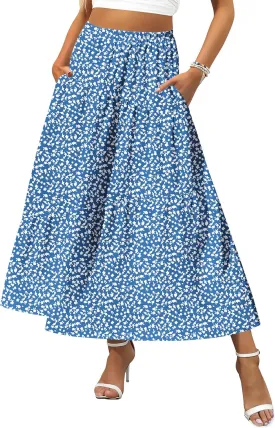 Zeagoo Women's Midi Summer 2025 Boho Elastic High Waist A-Line Flowy Swing Asymmetric Tiered Skirt Dress with Pockets