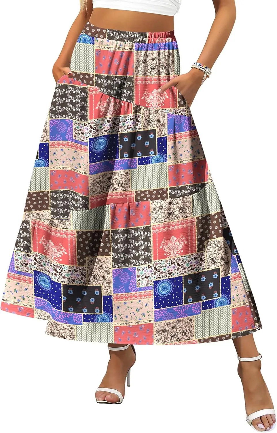 Zeagoo Women's Midi Summer 2025 Boho Elastic High Waist A-Line Flowy Swing Asymmetric Tiered Skirt Dress with Pockets
