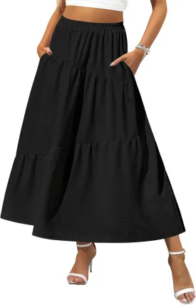 Zeagoo Women's Midi Summer 2025 Boho Elastic High Waist A-Line Flowy Swing Asymmetric Tiered Skirt Dress with Pockets