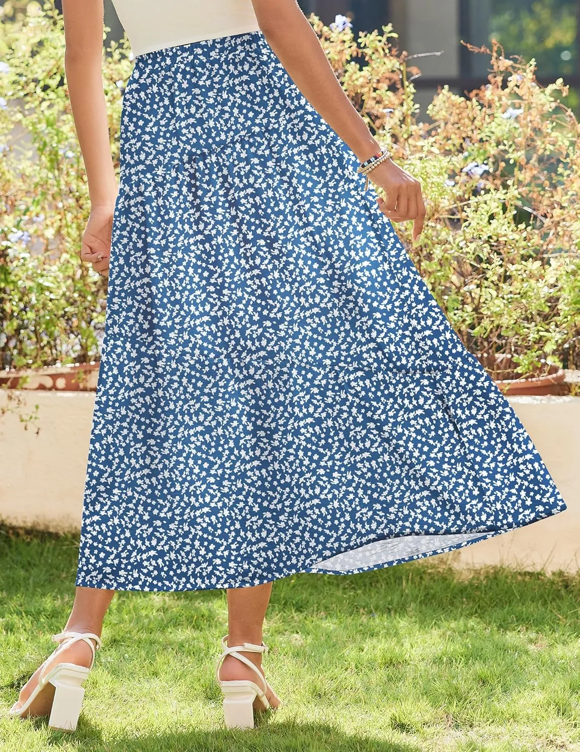 Zeagoo Women's Midi Summer 2025 Boho Elastic High Waist A-Line Flowy Swing Asymmetric Tiered Skirt Dress with Pockets