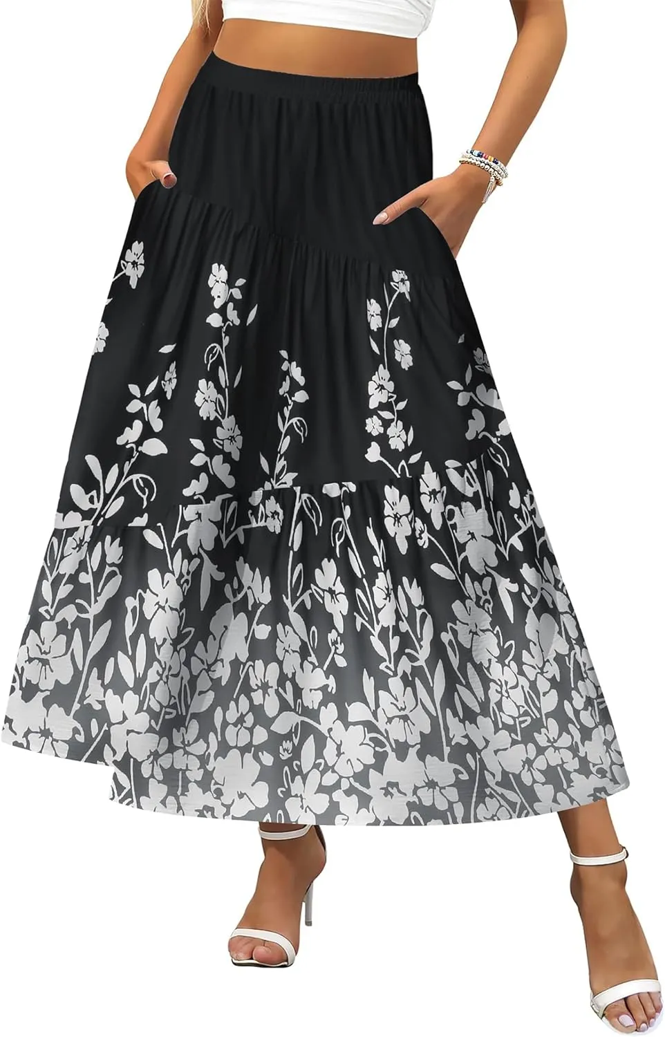 Zeagoo Women's Midi Summer 2025 Boho Elastic High Waist A-Line Flowy Swing Asymmetric Tiered Skirt Dress with Pockets